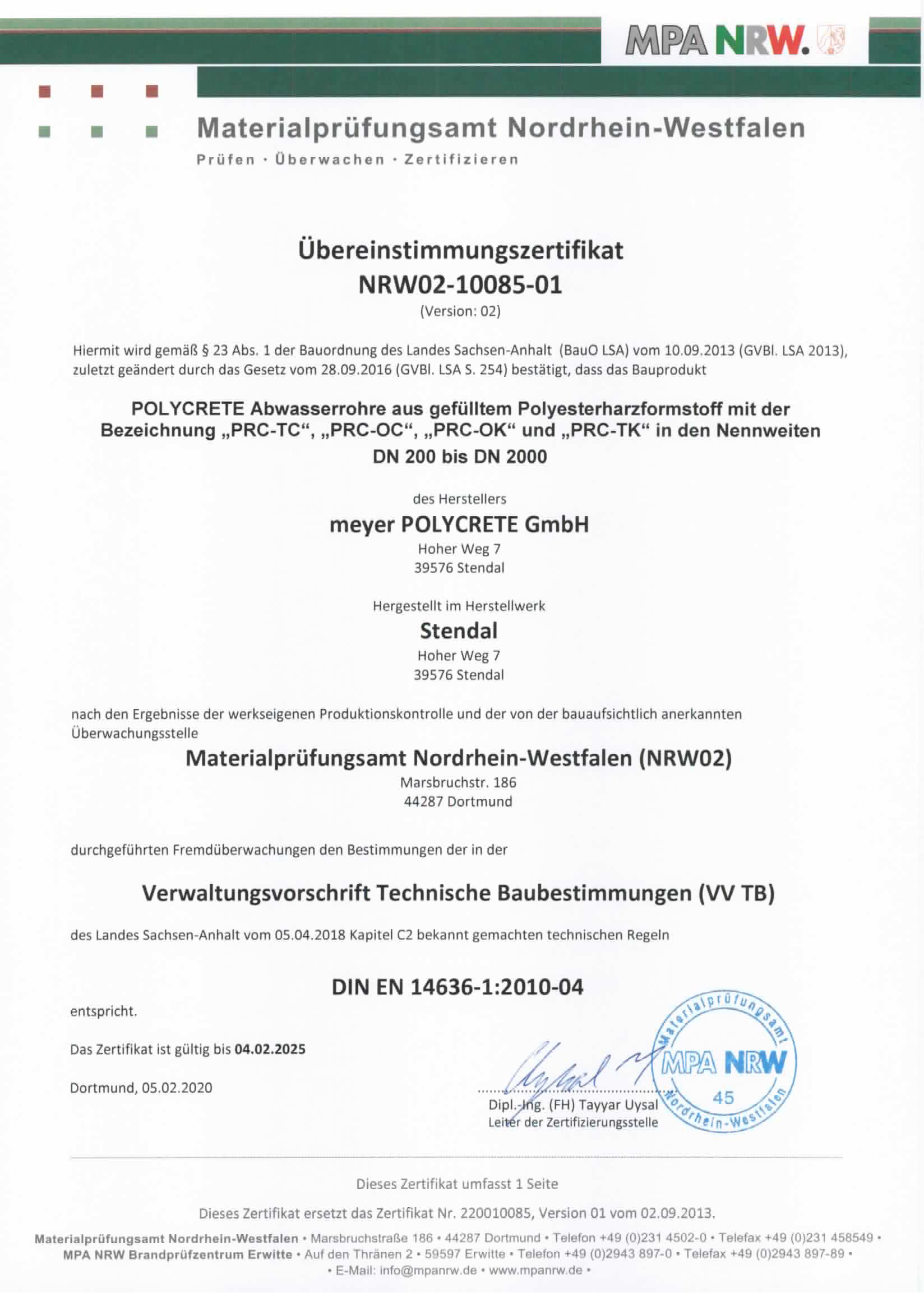 meyer POLYCRETE - Zertifikat MPA NRW Rohre