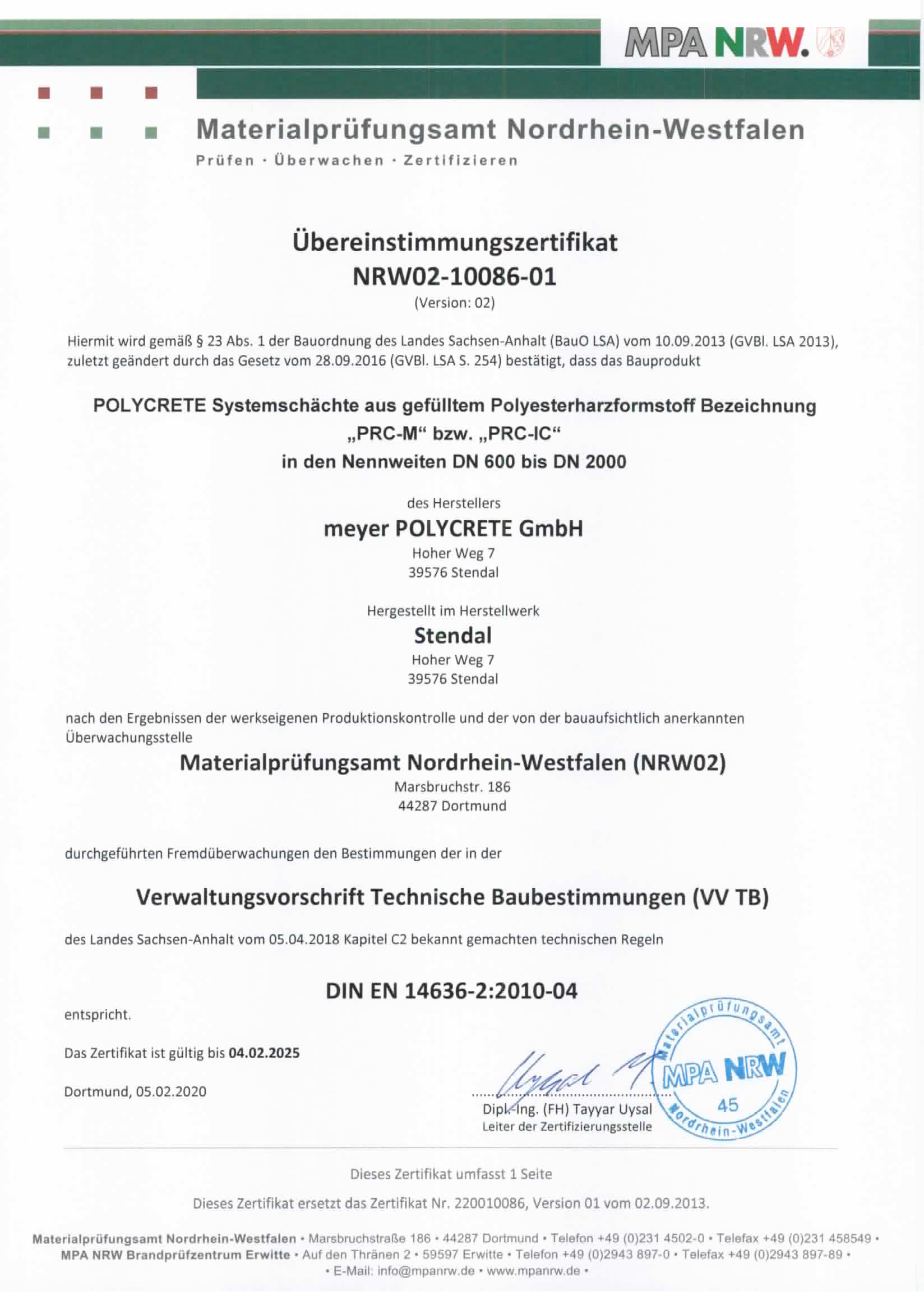 meyer POLYCRETE - Zertifikat MPA NRW Schächte